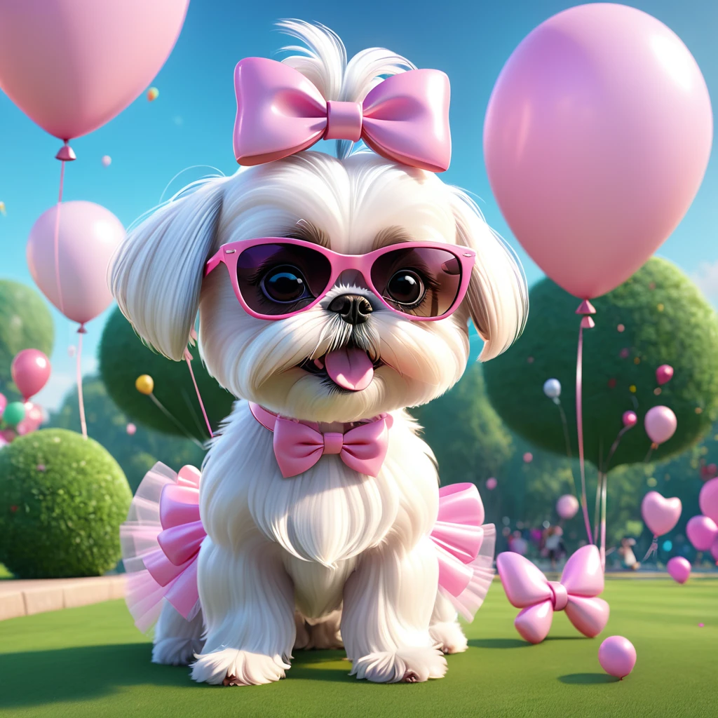 Adorable small white Shih Tzu puppy wearing pink sunglasses pink bows pink tutu at park at birthday balloons flying 3d cartoon 3d render disney pixar style