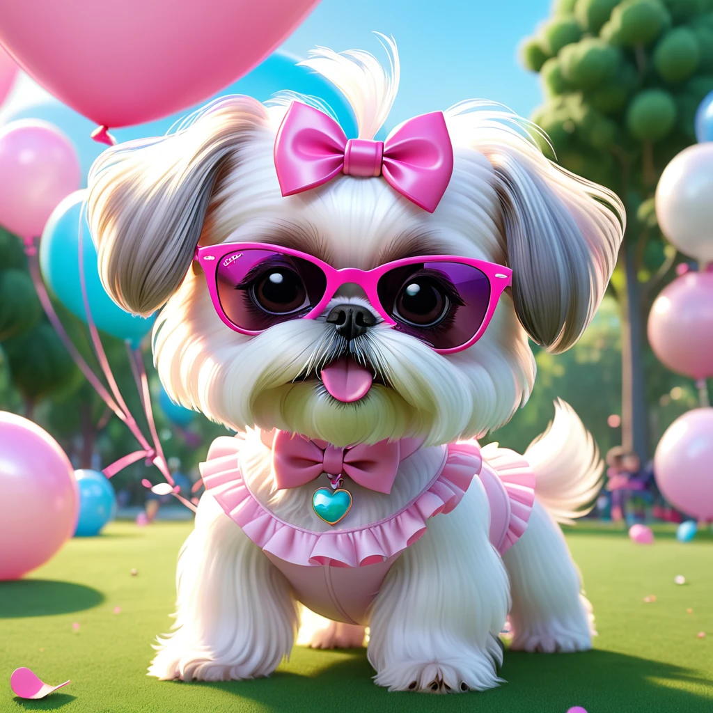 Adorable small white Shih Tzu puppy wearing pink sunglasses pink bows pink tutu at park at birthday balloons flying 3d cartoon 3d render disney pixar style