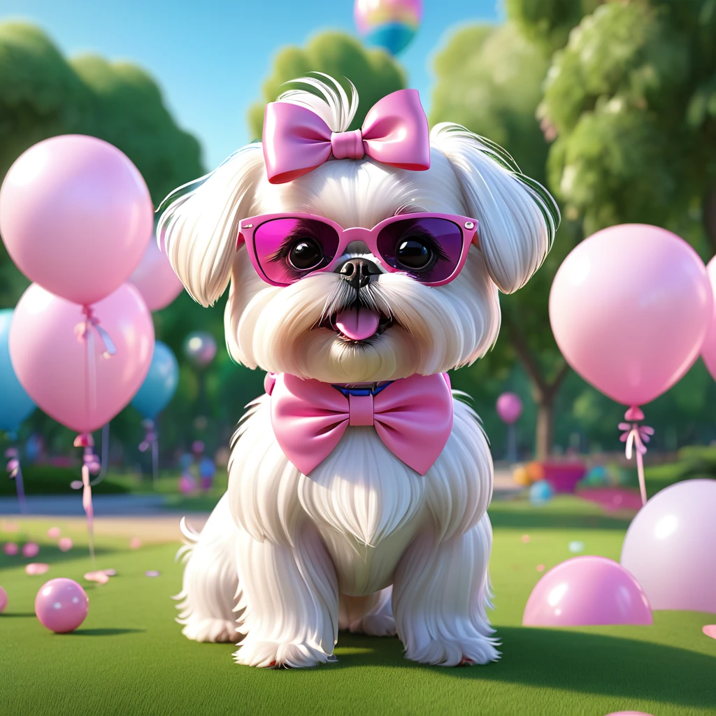 Adorable small white Shih Tzu puppy wearing pink sunglasses pink bows pink tutu at park at birthday balloons flying 3d cartoon 3d render disney pixar style