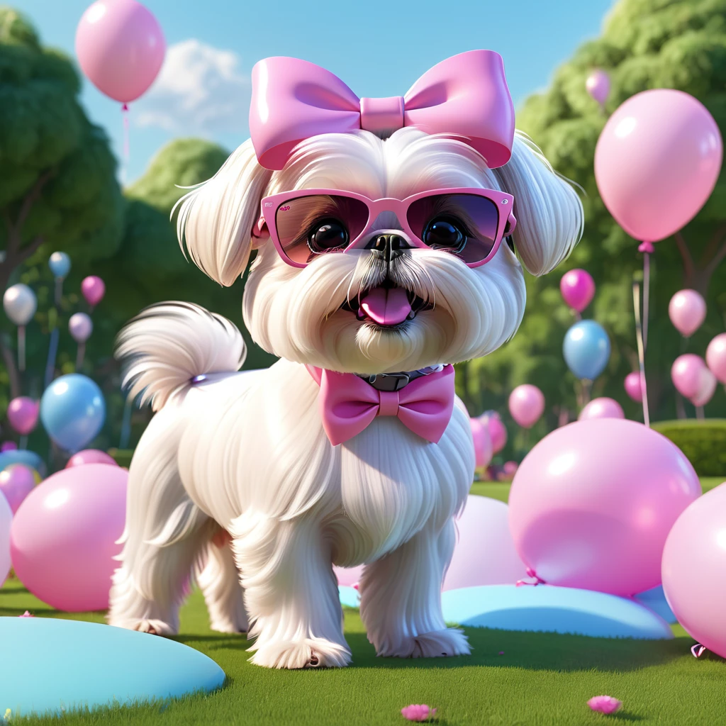 Adorable small white Shih Tzu puppy wearing pink sunglasses pink bows pink tutu at park at birthday balloons flying 3d cartoon 3d render disney pixar style