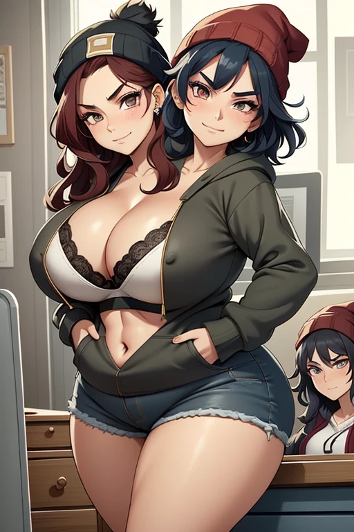 2heads, tall chubby woman with 2 heads. In a messy bedroom with video games. Short messy maroon hair. Wearing a beanie. Wearing unbuttoned open hoodie, bra underneath. Wearing jeans. Mature, womanly. Thick thighs, wide hips. Wearing eyeliner, baggy tired eyes. Many tattoos and piercings. Smirking, happy.