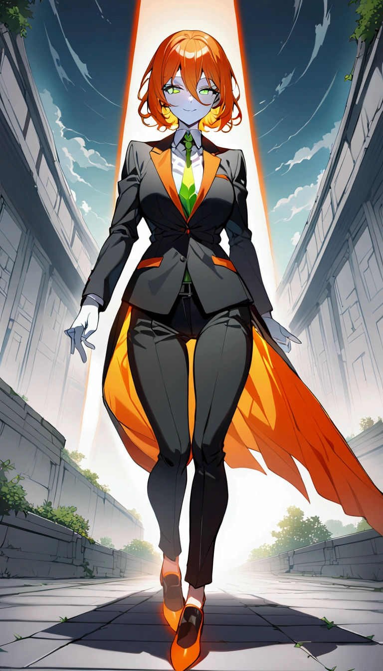 sexy, white skin, anime woman, happy, glowing green eyes, extremely short glowing orange hair, wearing a suit, big, full body