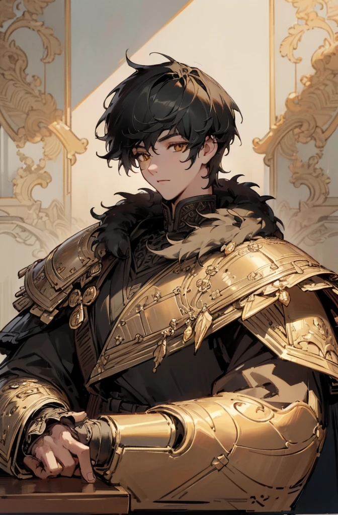 (Top quality details:1.22), 4K High Resolution, Super detailed, High-quality texture, Intricate details, Detailed Texture, In detail, High detail, High Quality Shadows, Beautiful face down to the last detail, Beautiful and kind eyes, Depth of written boundary, human, Adult, man, male, 1 boy , trimmed fur coat, knight armor, black hair, golden eyes