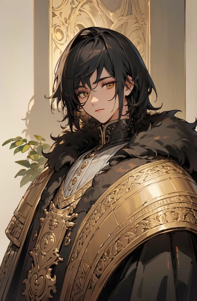 (Top quality details:1.22), 4K High Resolution, Super detailed, High-quality texture, Intricate details, Detailed Texture, In detail, High detail, High Quality Shadows, Beautiful face down to the last detail, Beautiful and kind eyes, Depth of written boundary, human, Adult, man, male, 1 boy , trimmed fur coat, knight armor, black hair, golden eyes