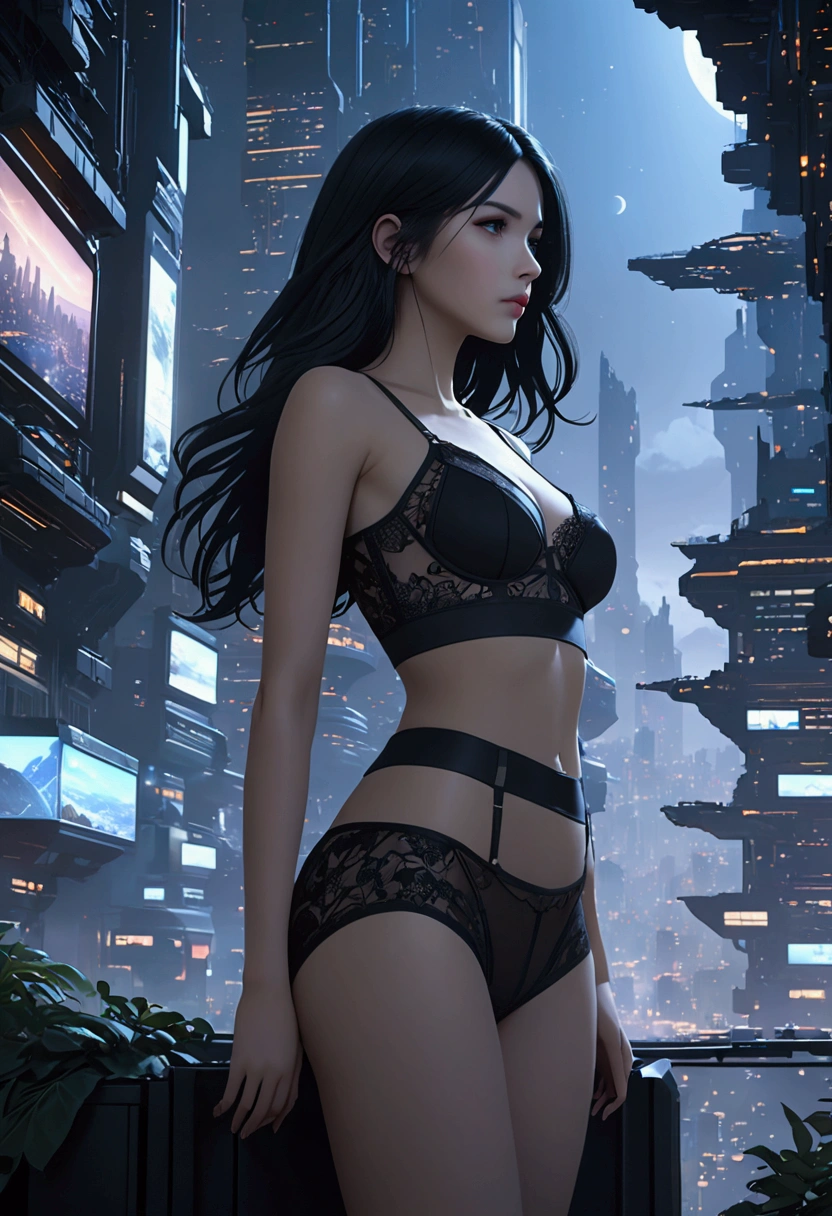 (Grey cropped top, Black lingerie, Short clothes), (Black long hair), (20 years), (1 girl), (4K style))，Depicting a future city，Night sky, Complex matte, 8 K,  Stunning sci-fi concept art, CG Society 