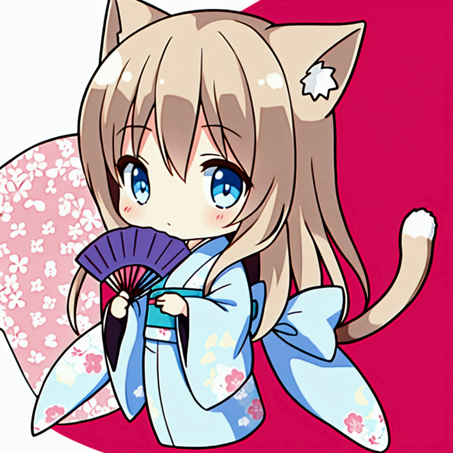 A chibi character of a woman in her 20s wearing a long-hemmed white kimono with a light blue floral pattern, holding a folding fan, cat ears and a tail, medium-long light brown hair, light blue eyes, whole body
