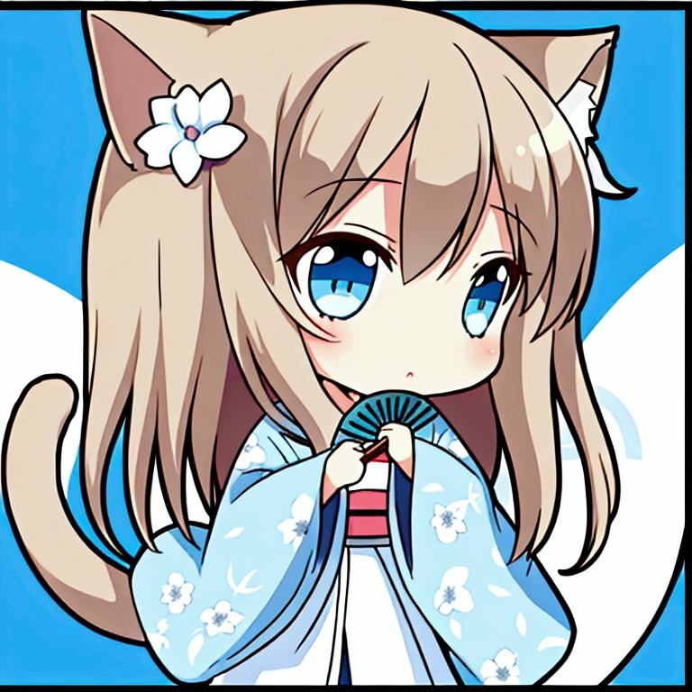A chibi character of a woman in her 20s wearing a long-hemmed white kimono with a light blue floral pattern, holding a folding fan, cat ears and a tail, medium-long light brown hair, light blue eyes, whole body