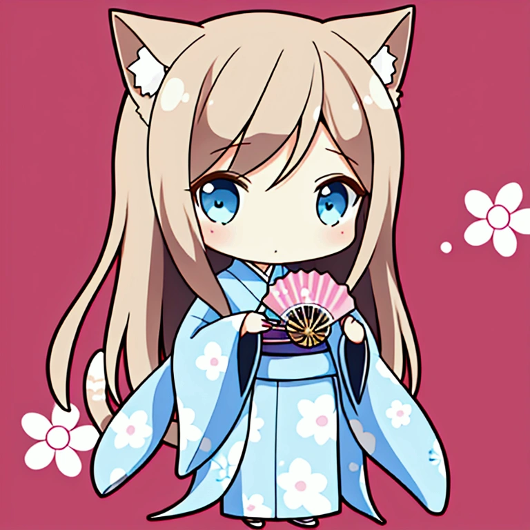 A chibi character of a woman in her 20s wearing a long-hemmed white kimono with a light blue floral pattern, holding a folding fan, cat ears and a tail, medium-long light brown hair, light blue eyes, whole body