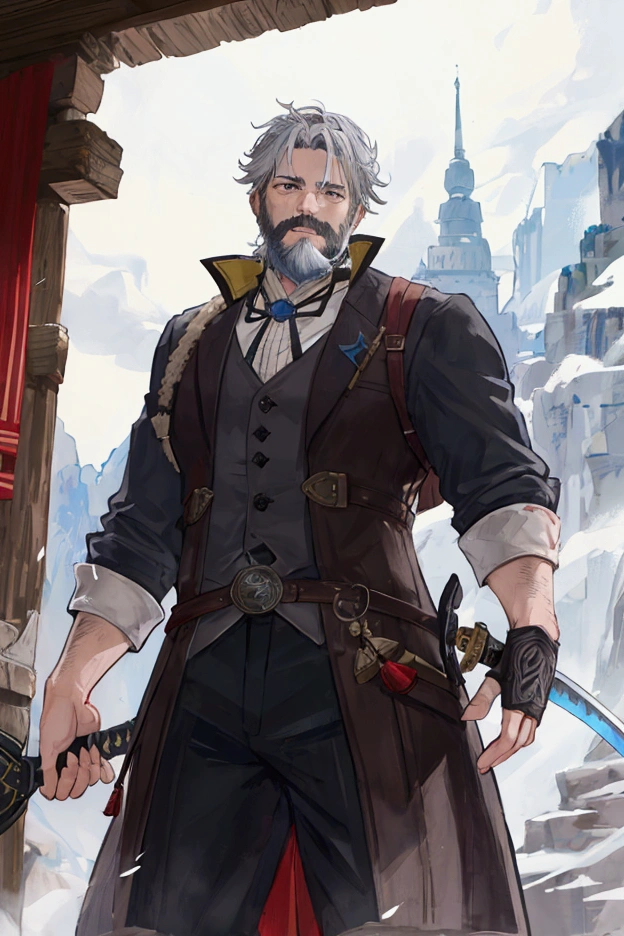 Middle-aged men、Gray Hair、Short Beard、Adventurer Appearance、Hold the Sword