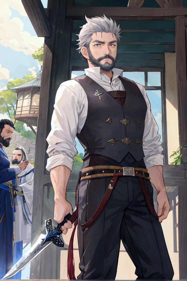 Middle-aged men、Gray Hair、Short Beard、Adventurer Appearance、Hold the Sword