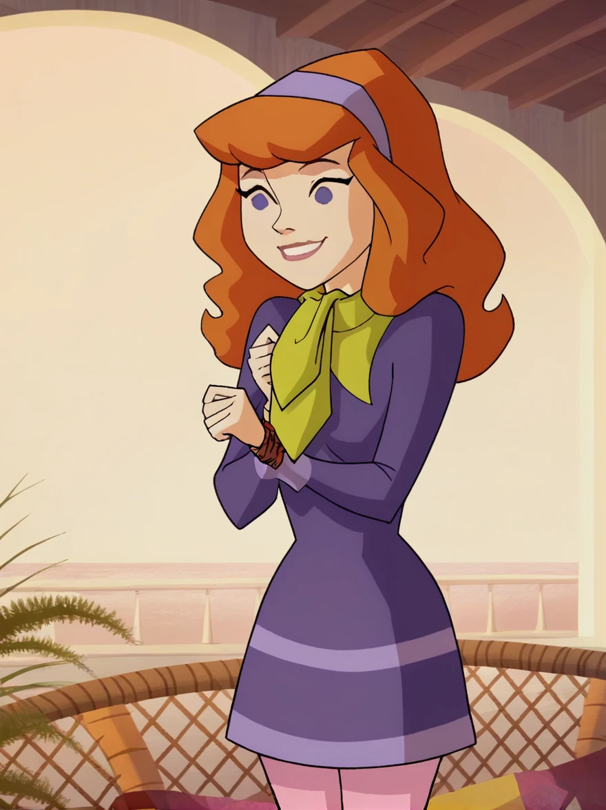 Daphneb, One girl, alone, Long Hair, hair band, Orange Hair, Purple Dress, Purple eyes, Green scarf, smile, Pink Pantyhose, Cowboy Shot, superiorper body, Tied up with rope,gag, score_9, score_8_superior, score_7_superior, score_6_superior, score_5_superior, score_4_superior