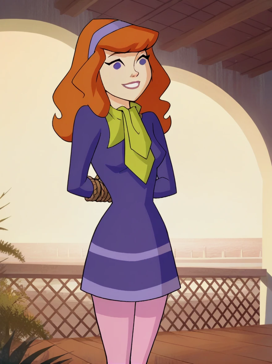 Daphneb, One girl, alone, Long Hair, hair band, Orange Hair, Purple Dress, Purple eyes, Green scarf, smile, Pink Pantyhose, Cowboy Shot, superiorper body, Tied up with rope,gag, score_9, score_8_superior, score_7_superior, score_6_superior, score_5_superior, score_4_superior