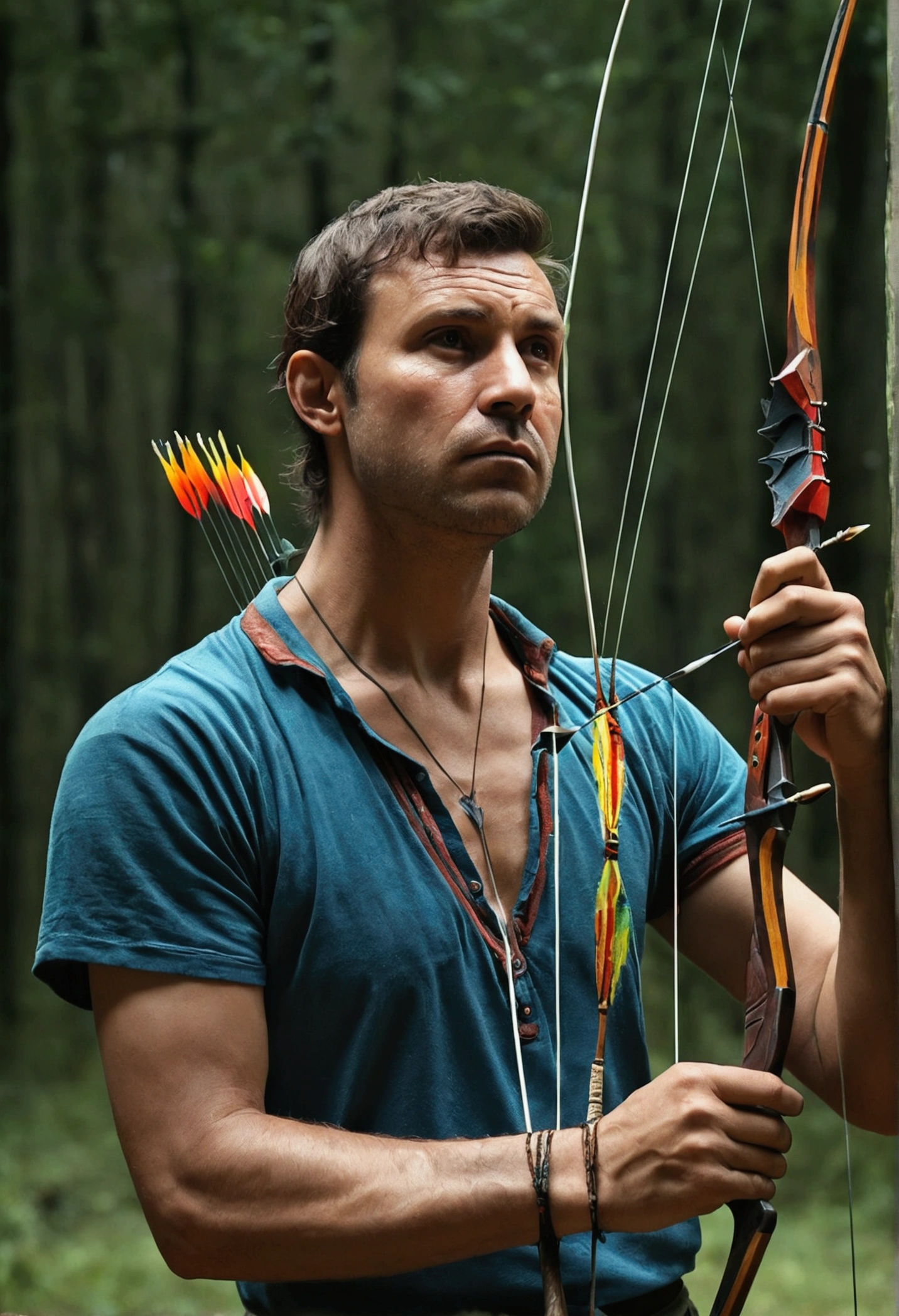 A tired man next to a bow arrow