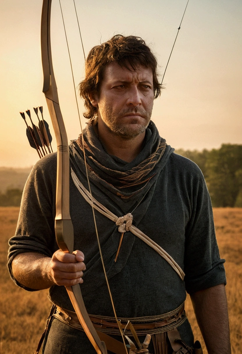 A tired man next to a bow arrow