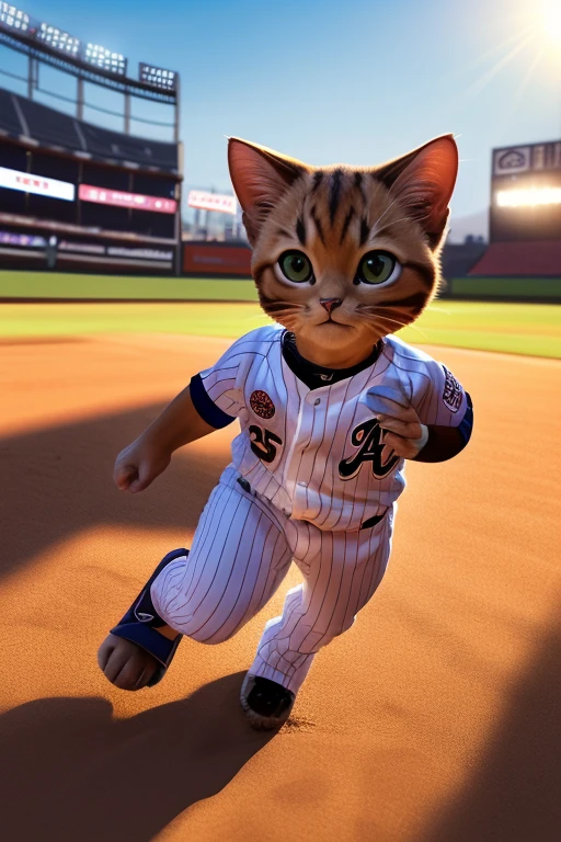 (Highest quality、masterpiece、8K))、Anatomically correct、Very detailed、High resolution、Realistic、((Beautiful, bright, almond-shaped, detailed eyes))、Intricate details、Cinematic lighting、((Dynamic composition))、Cute kitten、baseball player、Uniforms that are too big、Batter、preview home run