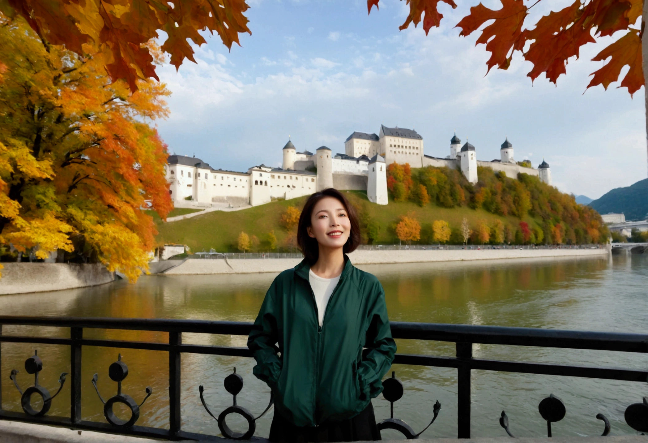 high quality, 1 woman, ((36-year-old healthy Korean woman)), ((36 years old)), 1 woman, The eyes are big, clear and pretty.. ((slim)), ((short medium hair)), Smile. pose: standing, windbreaker jacket, background:Your residence is a baroque townhouse with a plaster façade and wrought iron railings.., autumn, Maple, Overlooking the Salzach River and Hohensalzburg Fortress, looking slightly up, 1 woman, Full body shot with Canon 16-34 wide angle lens, river view