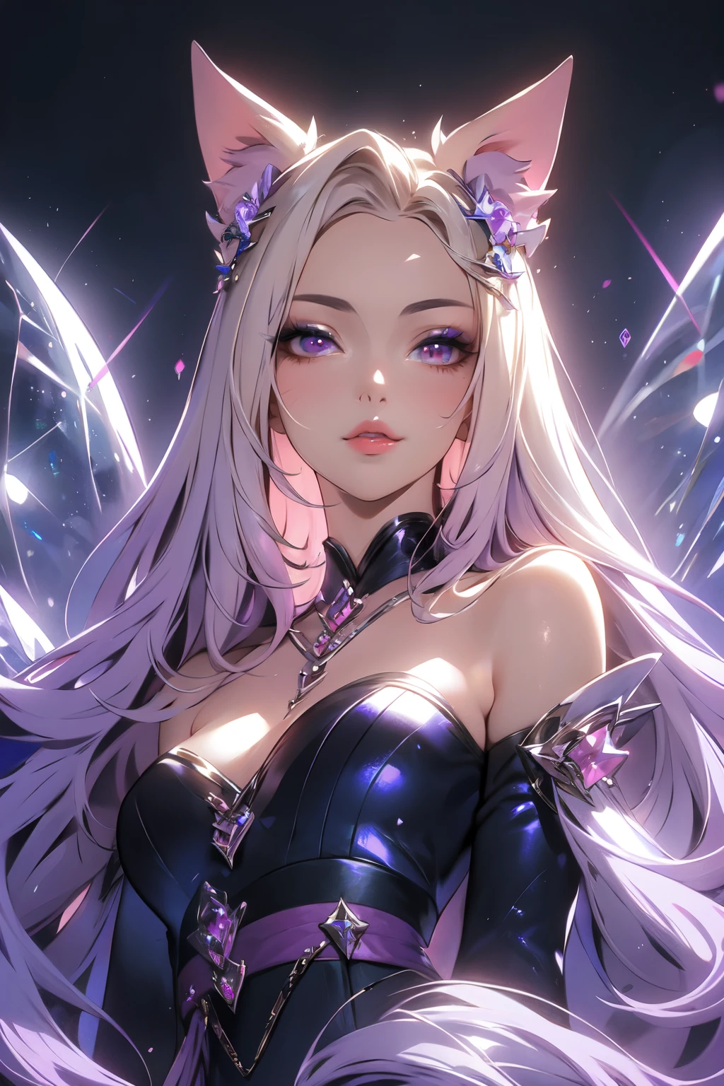 ((best quality)), ((masterpiece)), (detailed), detailed eyes, detailed hands, full-length body image, female humanoid kitsune, wearing a short kimono, crystal crown on top of her head, light purple hair, light purple fox ears, 2 purple crystal fox tails, 1 crystal eight-pointed star shape on forehead, delicate and beautiful detailing, beautiful face, well-proportioned detailed purple eyes, round detailed purple eyes and makeup, beautiful detailed and clear purple eyes, volume smooth and sharp, long flat bangs, fictional art, best photos, best quality, very beautiful and meticulous eight-pointed crystal star on forehead, delicate, mouth closed smile, not fully smiling