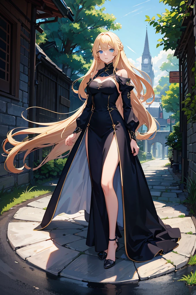 1woman, tall, long blonde hair, blue eyes, dress, standing on ground, high res, ultra sharp, 8K, masterpiece