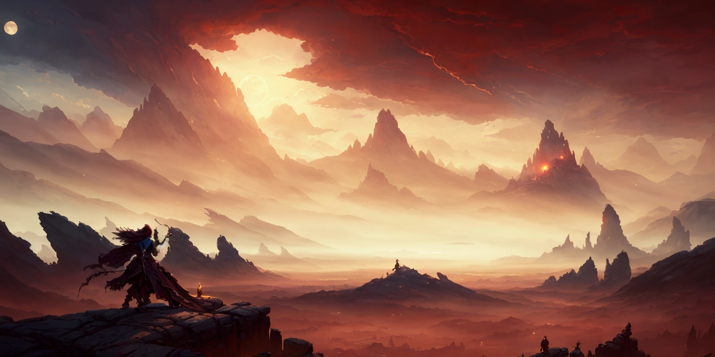 a close up of a person standing on a rock near a mountain, background art, background artwork, concept art stunning atmosphere, painted as a game concept art, concept art. epic landscape, in the art style of mohrbacher, impressive fantasy landscape, mohrbacher, inspired by Andreas Rocha, concept art for a video game, fantasy landscape, stylized concept art
