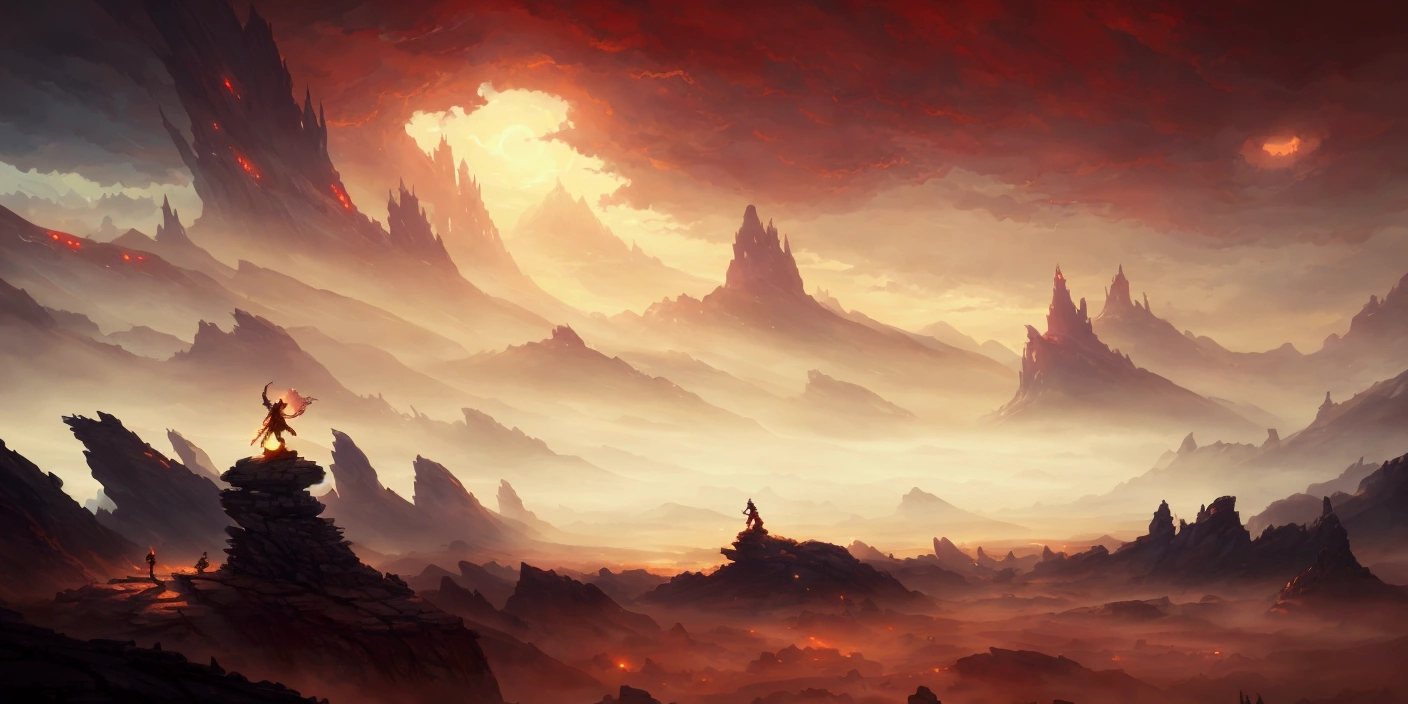 a close up of a person standing on a rock near a mountain, background art, background artwork, concept art stunning atmosphere, painted as a game concept art, concept art. epic landscape, in the art style of mohrbacher, impressive fantasy landscape, mohrbacher, inspired by Andreas Rocha, concept art for a video game, fantasy landscape, stylized concept art