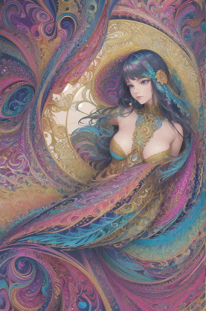 (masterpiece, top quality, best quality, official art, beautiful and aesthetic:1.2), (1girl:1.3), extremely detailed,(fractal art:1.2),colorful,highest detailed,(zentangle:1.2), (dynamic pose), (abstract background:1.5), (treditional dress:1.2), (shiny skin), (many colors:1.4), upper body