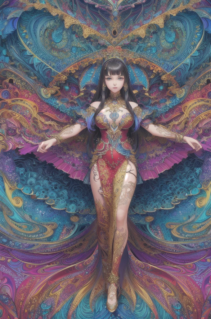 (masterpiece, top quality, best quality, official art, beautiful and aesthetic:1.2), (1girl:1.3), extremely detailed,(fractal art:1.2),colorful,highest detailed,(zentangle:1.2), (dynamic pose), (abstract background:1.5), (treditional dress:1.2), (shiny skin), (many colors:1.4), upper body
