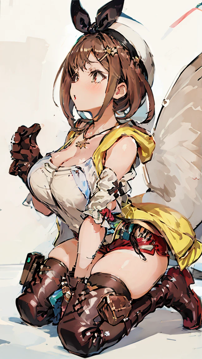 (Highest quality, 8K, masterpiece :1.3),Lizaリン・シュタウト(Lizaのアトリエ),Liza, One woman,Large Breasts,short hair,Brown Hair,hair band,Clothing,hat,White shirt,White camisole,Red shorts,Brown long boots,Blowjob,nsfw,Plump body,Thighs