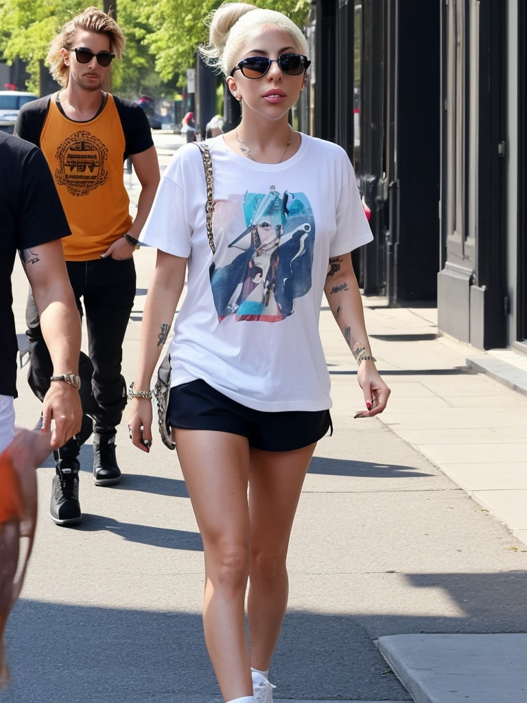 Lady Gaga, casual, hair tied up, T-shirt, shorts, big shoes, walking around town
