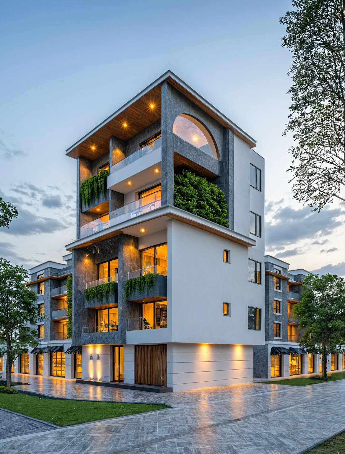 Masterpiece, high quality, best quality, authentic, super detail, outdoors, onestoreyvillaXL, aiaigroup, house style modern on the street ,stairs, white wall ,road,pavement, grass, trees, sky, cloud, (daylight:1.1)
