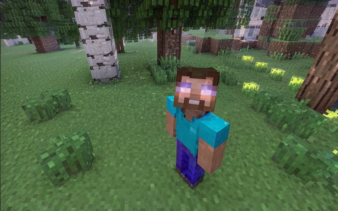 a photorealistic detailed hyper-realistic 3d render of Herobrine from Minecraft, high quality, 8k, ultra-detailed, extremely realistic, physically-based rendering, professional lighting, vivid colors, dramatic shadows, emotive pose, intense gaze, glowing eyes, white skin, long dark hair, tattered clothes, menacing presence, dark fantasy, cinematic composition