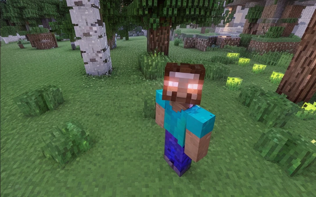 a photorealistic detailed hyper-realistic 3d render of Herobrine from Minecraft, high quality, 8k, ultra-detailed, extremely realistic, physically-based rendering, professional lighting, vivid colors, dramatic shadows, emotive pose, intense gaze, glowing eyes, white skin, long dark hair, tattered clothes, menacing presence, dark fantasy, cinematic composition
