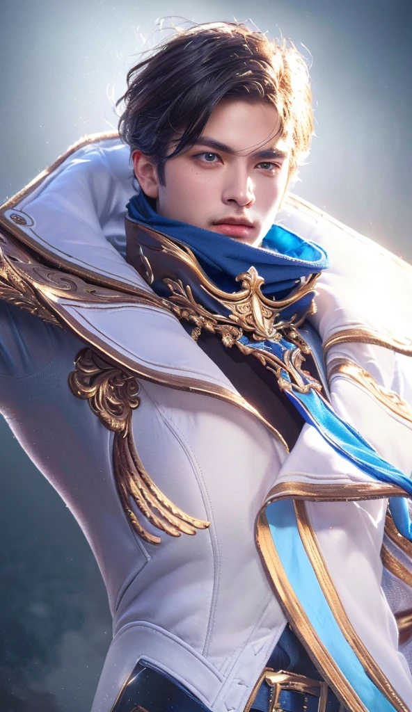 a close up portrait of a man with a sword and a blue scarf, delicate androgynous prince, dramatic lighting, high detailed face, extravagant royal costume, dramatic pose, intricate ornate details, ornate gold accents, cinematic composition, rich color palette, chiaroscuro lighting, dramatic shadows, moody atmosphere, masterpiece, photorealistic, 8k, (best quality,4k,8k,highres,masterpiece:1.2),ultra-detailed,(realistic,photorealistic,photo-realistic:1.37)