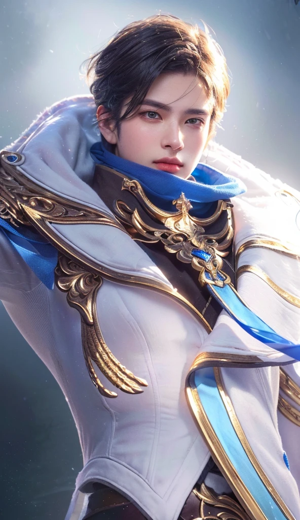 a close up portrait of a man with a sword and a blue scarf, delicate androgynous prince, dramatic lighting, high detailed face, extravagant royal costume, dramatic pose, intricate ornate details, ornate gold accents, cinematic composition, rich color palette, chiaroscuro lighting, dramatic shadows, moody atmosphere, masterpiece, photorealistic, 8k, (best quality,4k,8k,highres,masterpiece:1.2),ultra-detailed,(realistic,photorealistic,photo-realistic:1.37)