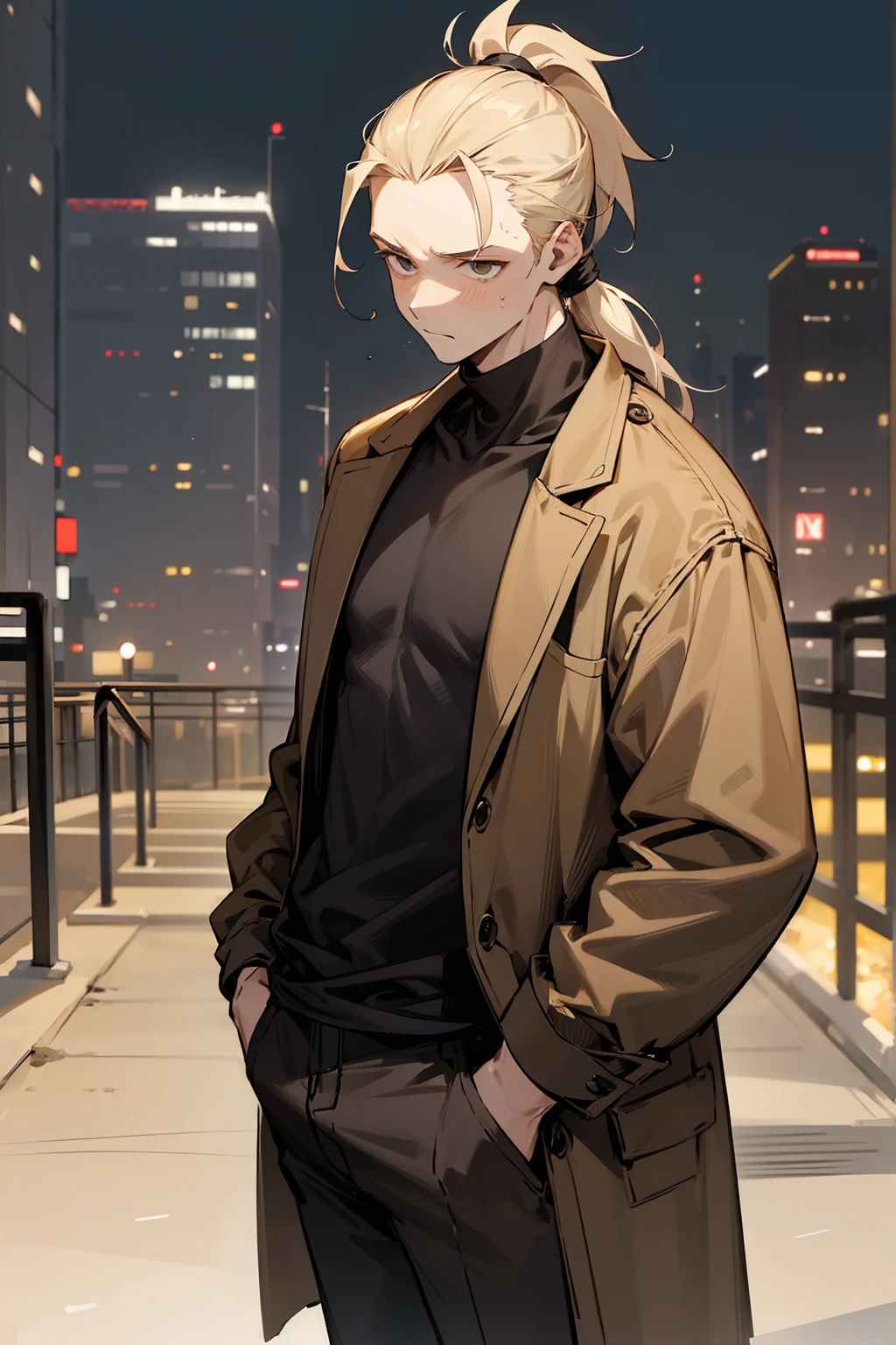 1male, adult, dirty blonde hair, messy short ponytail, hazel eyes, uninterested expression, forehead, middleparted hair, open brown jacket, black compressed undershirt, lean, black joggers, city background, standing on path, hands to side