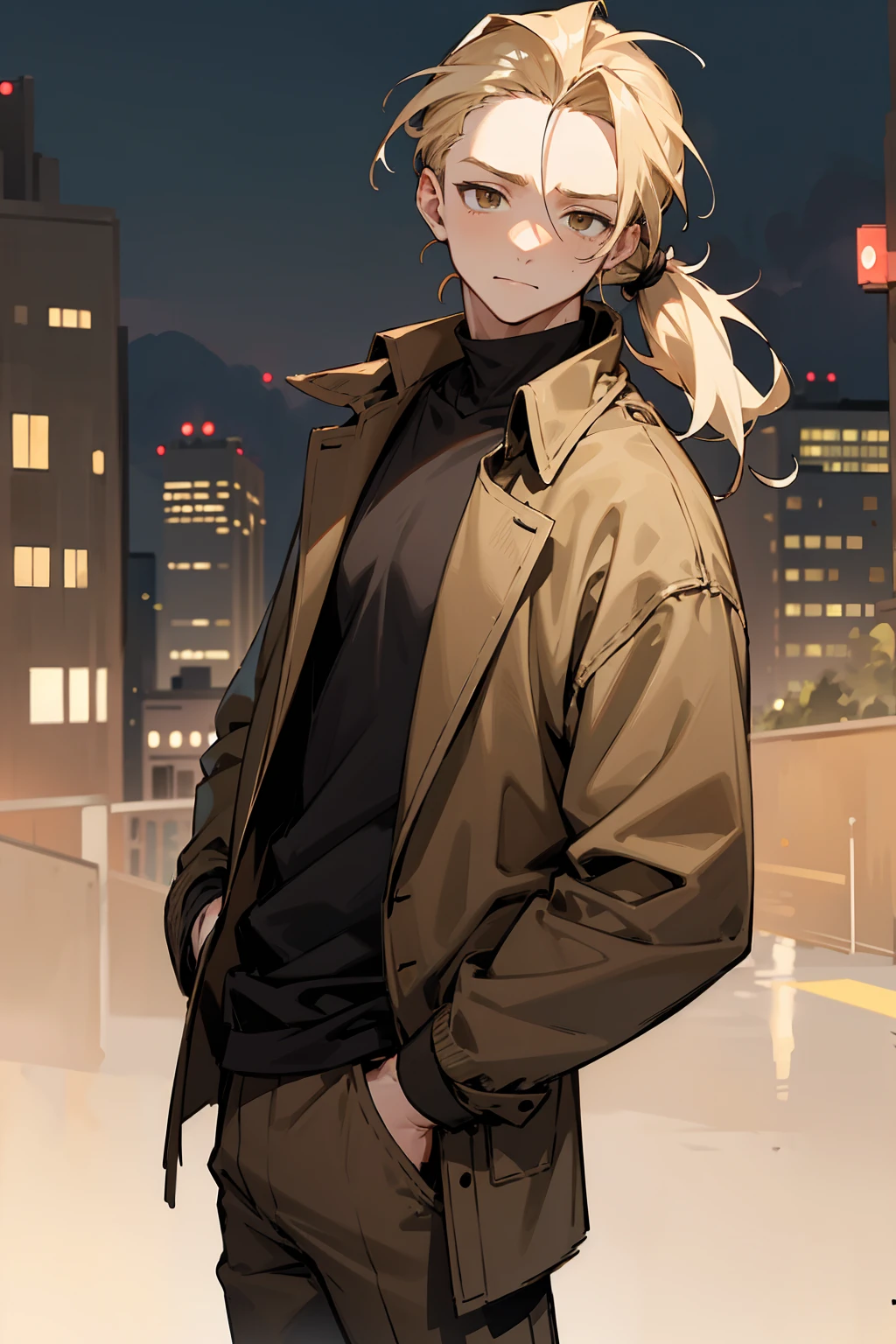 1male, adult, dirty blonde hair, messy short ponytail, hazel eyes, uninterested expression, forehead, middleparted hair, open brown jacket, black compressed undershirt, lean, black joggers, city background, standing on path, hands to side