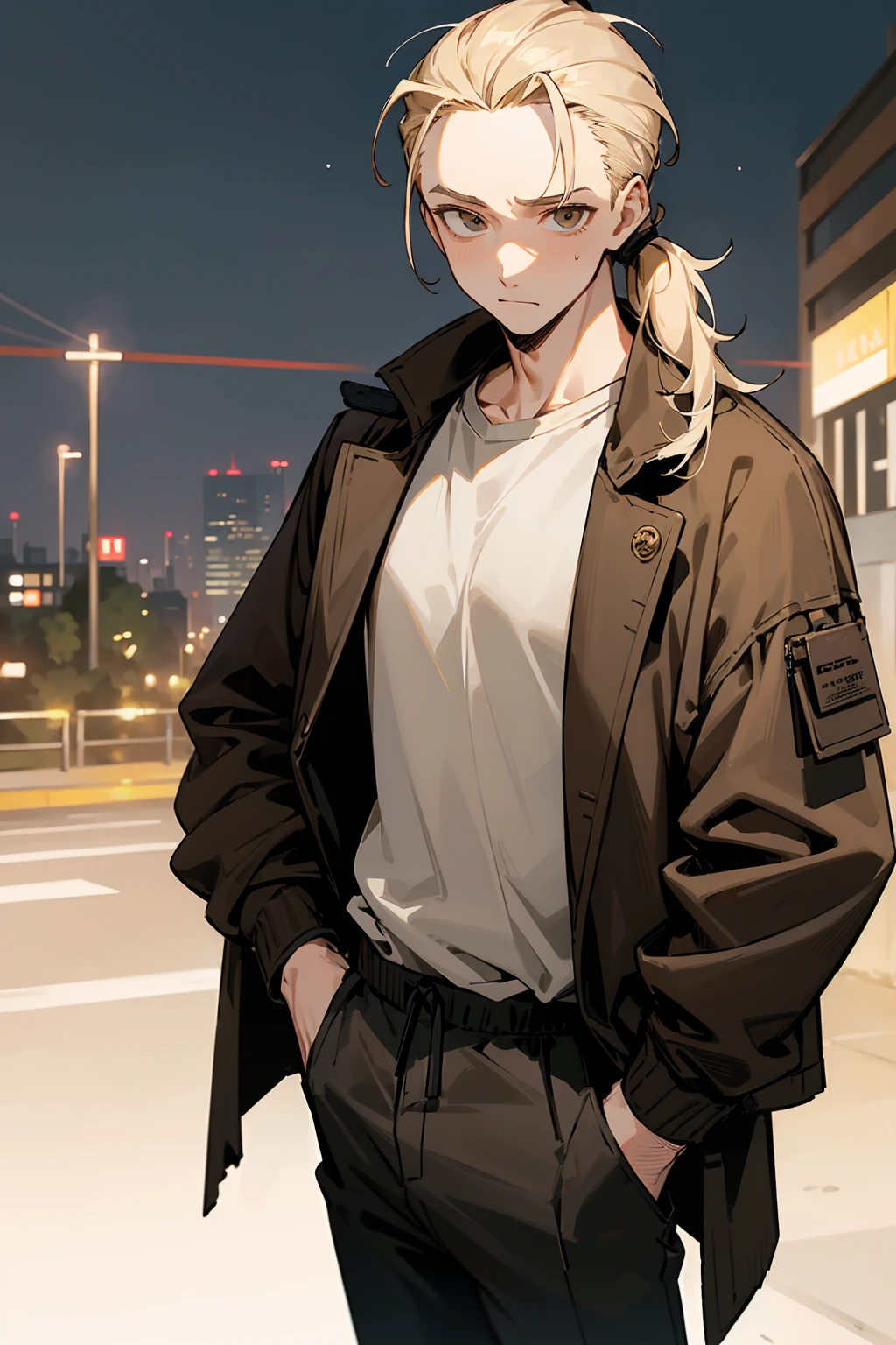 1male, adult, dirty blonde hair, messy short ponytail, hazel eyes, uninterested expression, forehead, middleparted hair, open brown jacket, black compressed undershirt, lean, black joggers, city background, standing on path, hands to side