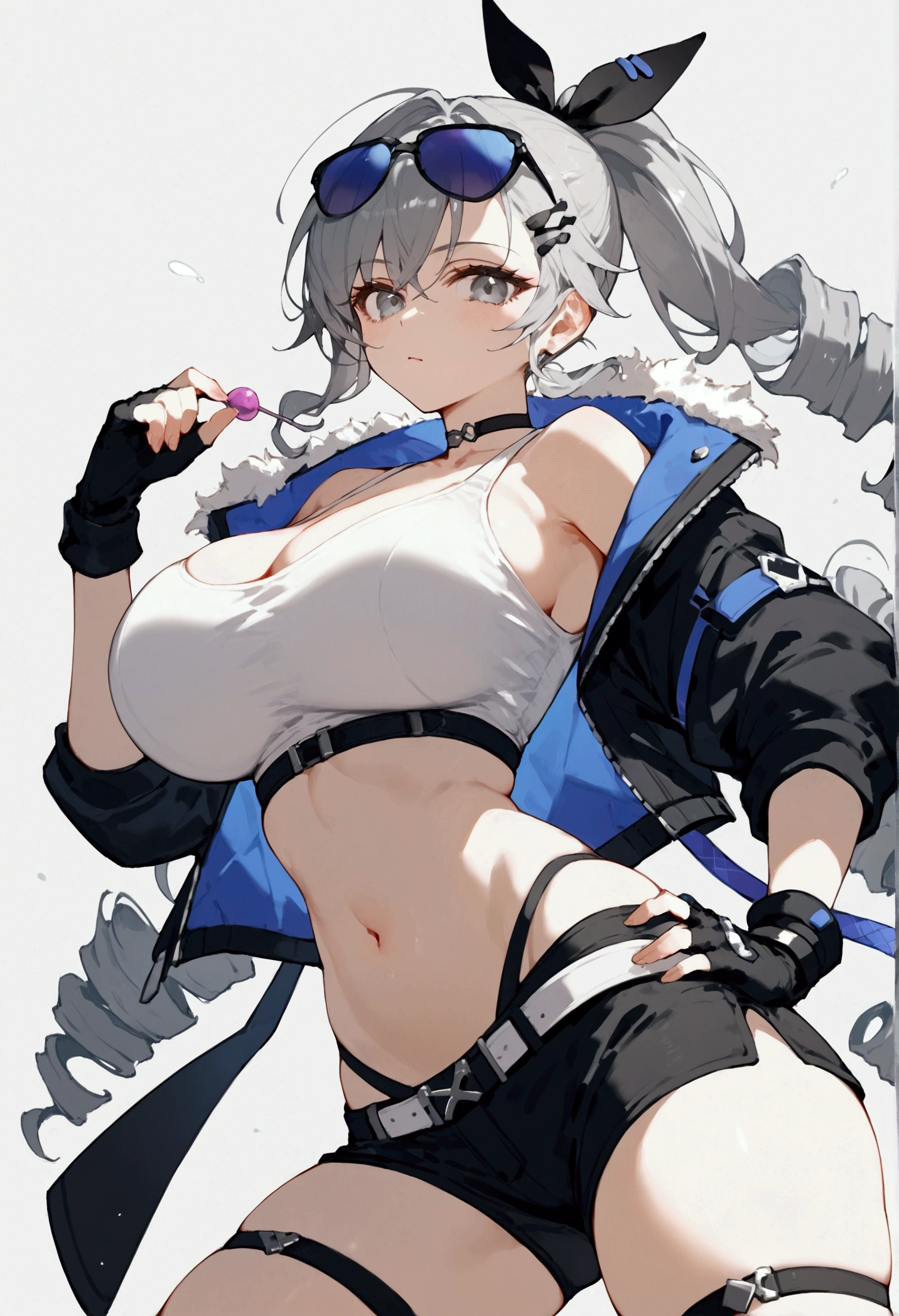 score_9, score_8_up, score_7_up, score_9, BREAK, 1girl,big breasts, 1girl, solo, breasts, looking at viewer, hair ornament, gloves, ribbon, navel, jacket, white shirt, hair ribbon, grey hair, black gloves, midriff, fingerless gloves, black jacket, crop top, grey eyes, thigh strap, black choker, drill hair, black shorts, sunglasses, eyewear on head, silverwolf