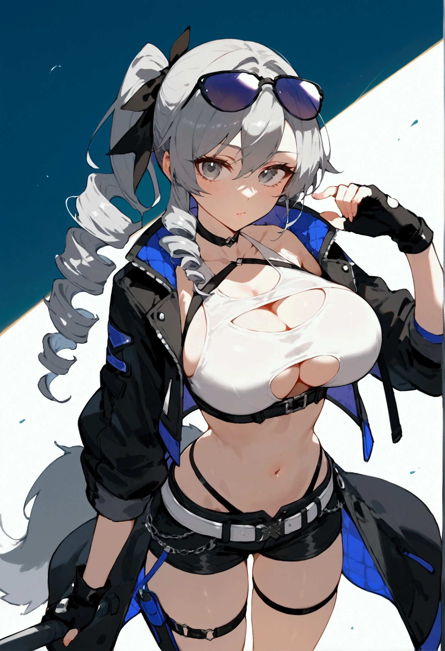 score_9, score_8_up, score_7_up, score_9, BREAK, 1girl,big breasts, 1girl, solo, breasts, looking at viewer, hair ornament, gloves, ribbon, navel, jacket, white shirt, hair ribbon, grey hair, black gloves, midriff, fingerless gloves, black jacket, crop top, grey eyes, thigh strap, black choker, drill hair, black shorts, sunglasses, eyewear on head, silverwolf