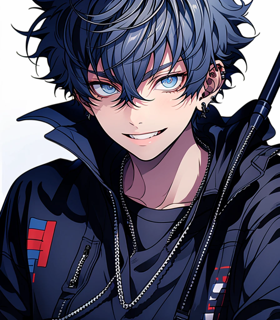 ((Highest quality)), ((masterpiece)), ((detailed)), １people,Beautiful youth, Blue Hair, short hair, blue eyes, Cool eyes, Long-term , Biceps,Black clothes,smile,Upper Body,No text
