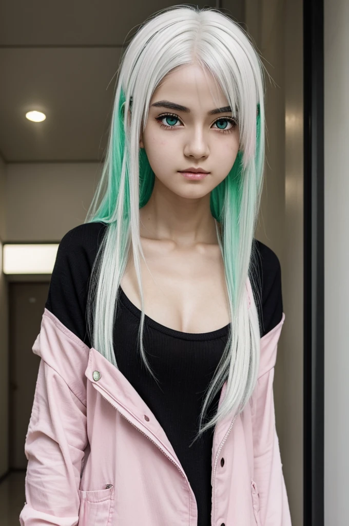 Believe me an anime girl with white hair and a streak on her face that is light green and that she has pink eyes and that her clothes are black and that she has an Acha and that the image is full body