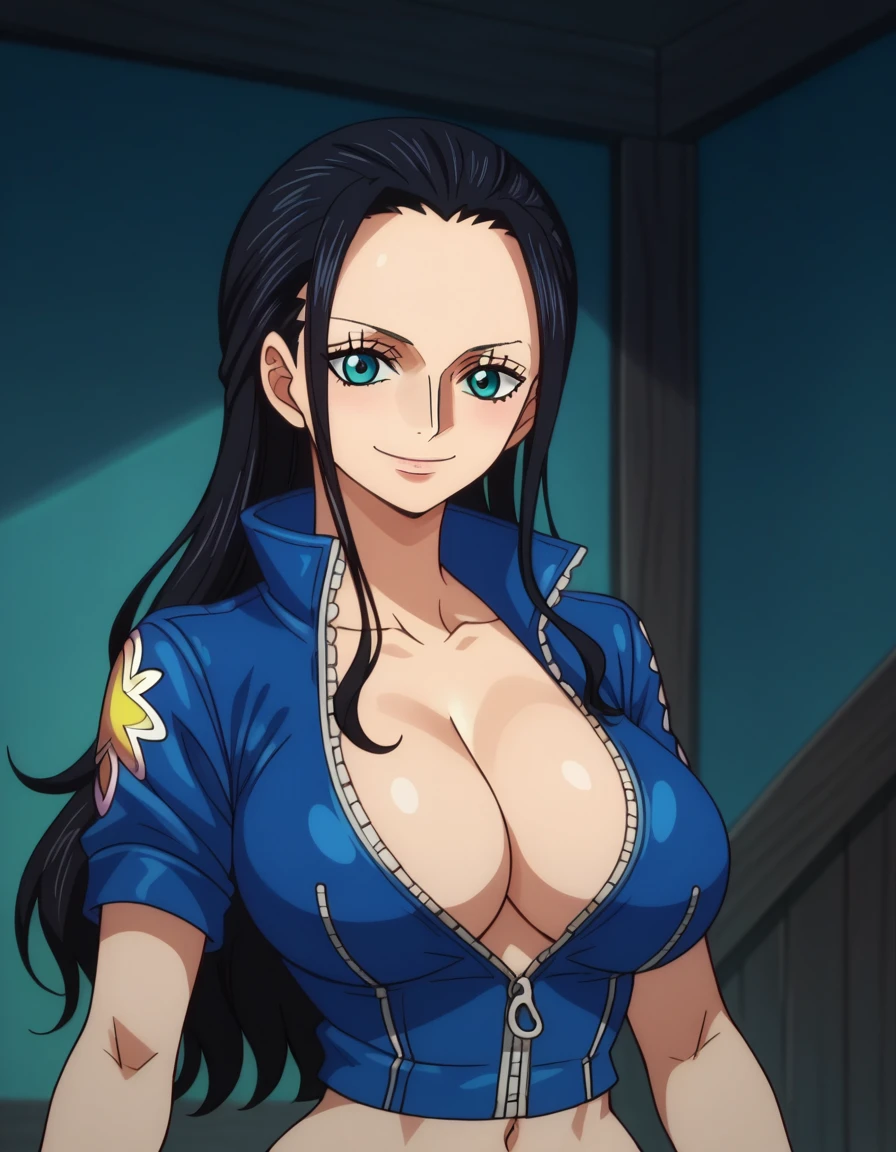 score_9, score_8_up, score_7_up, anime screencap, anime coloring, official style, Nico Robin, black hair, long hair, blue eyes, large breasts, perfect body, blue jacket, short sleeves, zipper pull tab, navel, looking at viewer, smile, cleavage, from front, upper body, looking at viewer, smile, cleavage