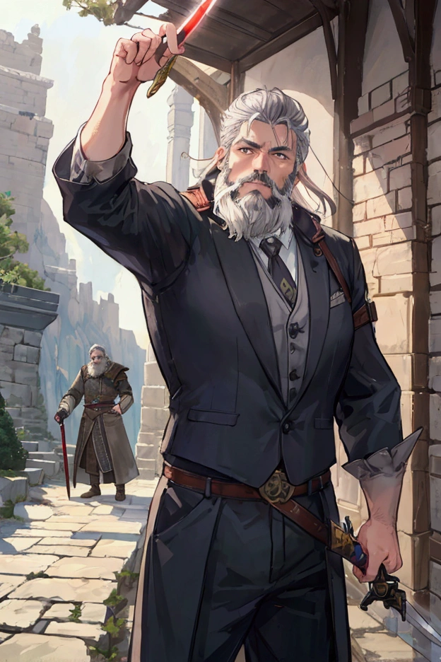 Middle-aged men、Gray Hair、Short Beard、Adventurer Appearance、Hold the Sword