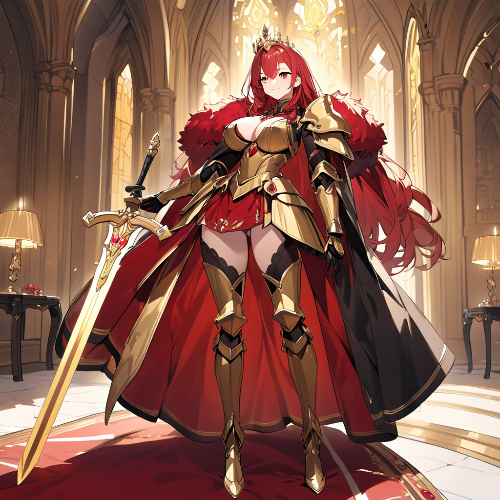 A woman wearing heavy golden armor with red ruby on parts of the armor., highly detailed armor, Large armor, Wearing a red fur cloak, long rope, holding a golden sword, very detailed sword, golden shoulder pad with rubies, golden aura, golden power, power of light, golden boots, big breasts, standing on a royal king and queen, luxury room, Red carpet, medieval aesthetics, medieval tiles on the walls, by rubio, wide, Red eyes, smiling.
