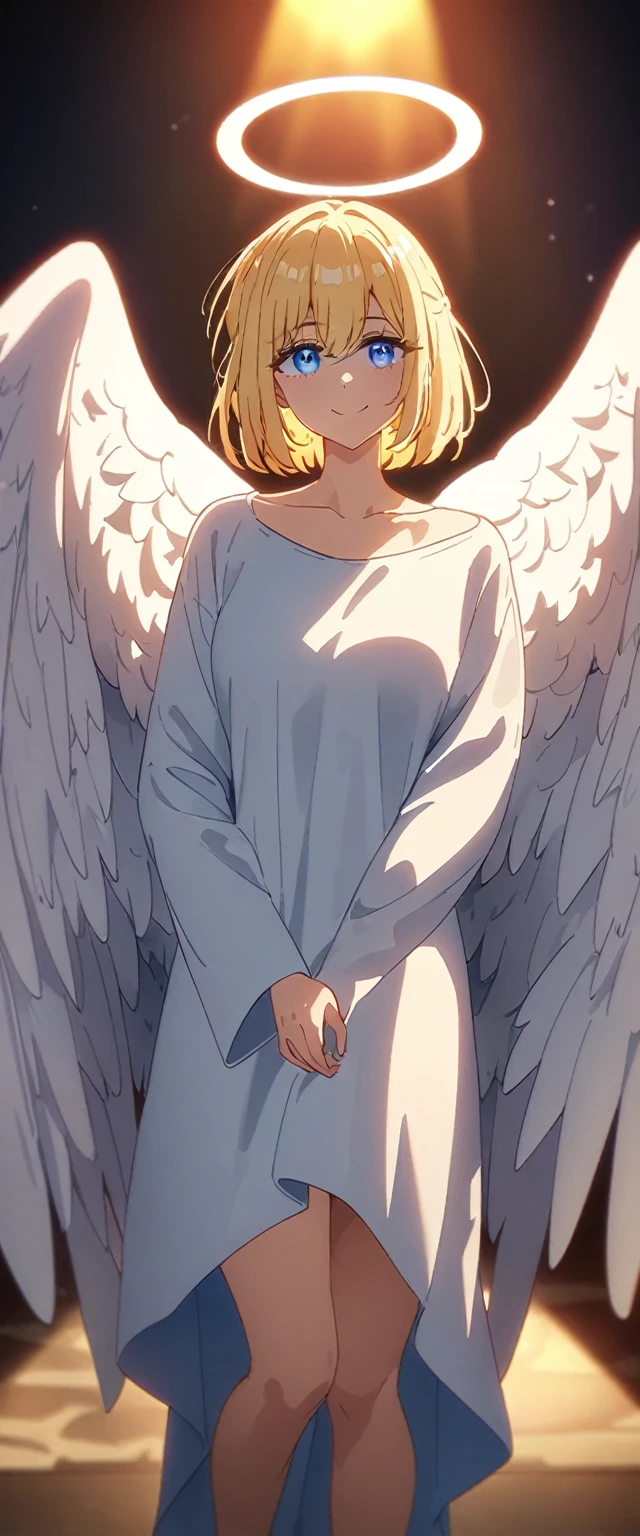 (((One girl))), (((cowboy shot))), ((flying)), ((angel, big big white wings:1.2, halo:1.3)), Uriel, greek mythology white costume, bare legs, ((wavy hair, outward curled hair)), evening, Sunset, ((blond hair, bob cut:1.3)), , standard body, (looking at viewer), oversized clothes, collarbone, head tilt:1.3, (((blue eye))), ((happy smile)), (((anime style))), (best quality, 4K, 8K, highres, masterpiece:1.2, ultra-detailed, ultra-detailed eyes, HDR, uhd, studio lighting, ultra-fine painting, sharp focus, physically-based rendering, extreme detail description, professional, vivid colors, bokeh), ((Highest quality, Best image quality, Ultra-high resolution, Ultra-high resolution, solo, Strong eye highlights)), Depth of written boundary, Natural soft light, attractive, Beautiful Face, Cleanliness, Pure Face, medium chest, Beautiful Face, Perfect Fingers, Perfect hands, Perfect body, Perfect Face, Shine a light into your eyes, Perfect Anatomy