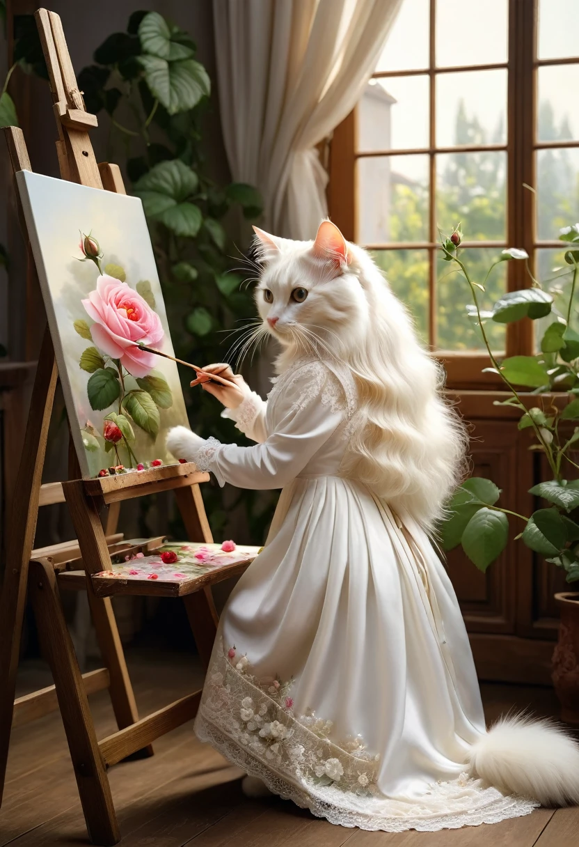 Realistic portrait of a dressed animal - beautiful long-haired white cat, painter,(He is painting a picture of a rose flower on a standing canvas while sitting on a wooden chair by a window in an interior room surrounded by beautiful plants), high quality,(Lovely) ,Intricate details, Very detailed ((Elegant lace white floral one-piece dress) ,Antique photos、Nostalgia、Very detailed decorations,, (Happy), Natural light,Evening Light、Magic Hour(Full body image:1.5)