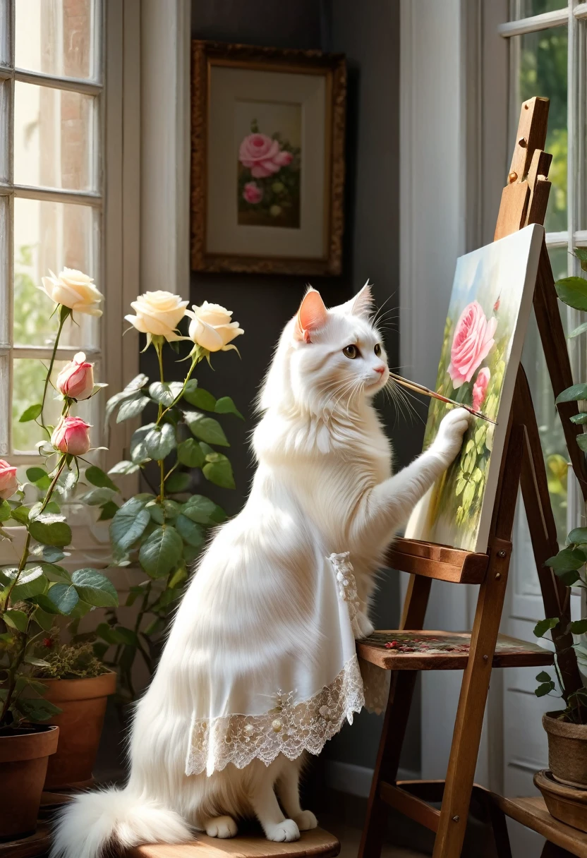 Realistic portrait of a dressed animal - beautiful long-haired white cat, painter,(He is painting a picture of a rose flower on a standing canvas while sitting on a wooden chair by a window in an interior room surrounded by beautiful plants), high quality,(Lovely) ,Intricate details, Very detailed ((Elegant lace white floral one-piece dress) ,Antique photos、Nostalgia、Very detailed decorations,, (Happy), Natural light,Evening Light、Magic Hour(Full body image:1.5)