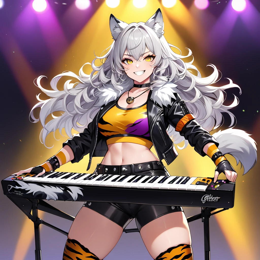 A Beautiful, Sexy Bipedal Wolf. She have silver fur with light grey underbelly, silky white curly hair with green highlight, Amber Yellow Slitted eyes, with slim, curvaceous figure. She wear Black Leather Jacket over Red Crop top, black tight leather shorts, purple leg warmer with tiger stripe prints, and black heeled boots. She wear Choker Necklace, purple elbow length fingerless gloves with tiger print, and black choker wrist band. She have a feisty grin, while playing a keytar on stage. 80s style clothing.