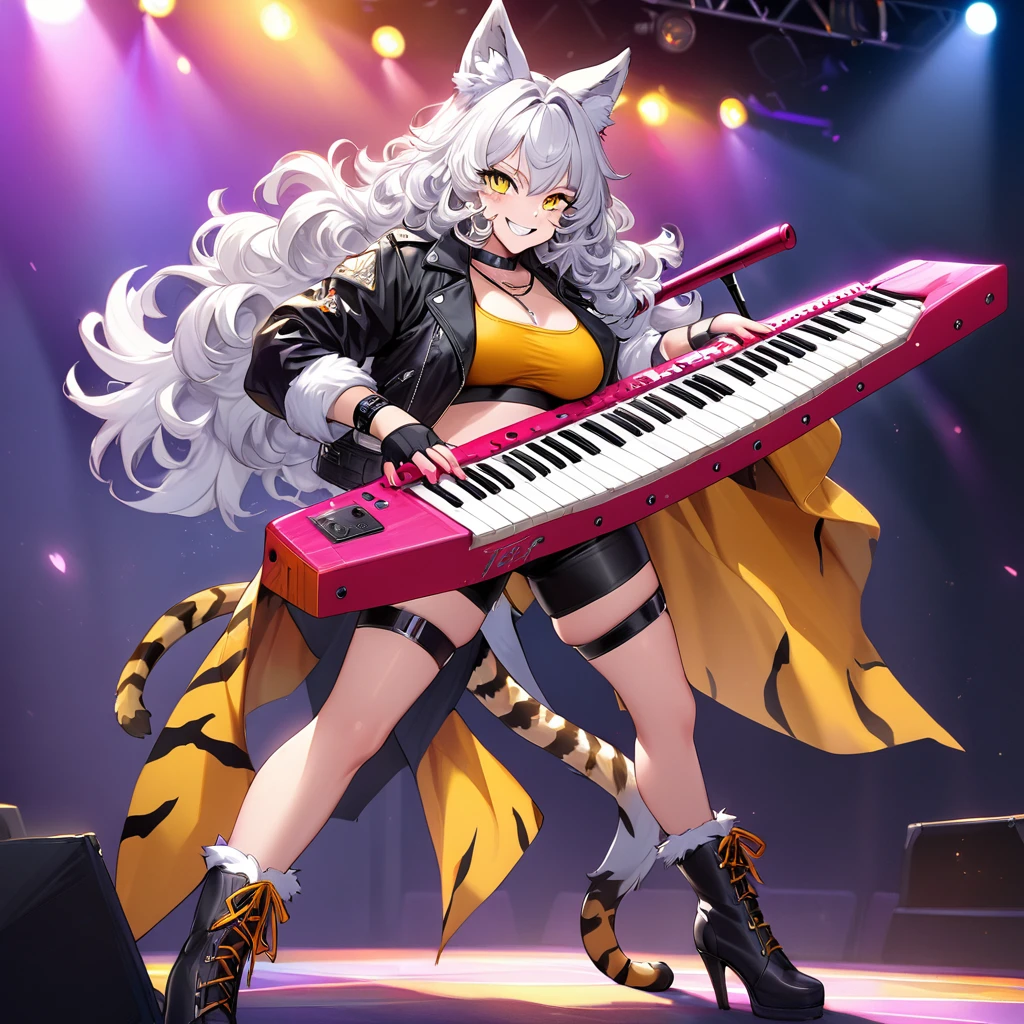 A Beautiful, Sexy Bipedal Wolf. She have silver fur with light grey underbelly, silky white curly hair with green highlight, Amber Yellow Slitted eyes, with slim, curvaceous figure. She wear Black Leather Jacket over Red Crop top, black tight leather shorts, purple leg warmer with tiger stripe prints, and black heeled boots. She wear Choker Necklace, purple elbow length fingerless gloves with tiger print, and black choker wrist band. She have a feisty grin, while playing a keytar on stage. 80s style clothing.