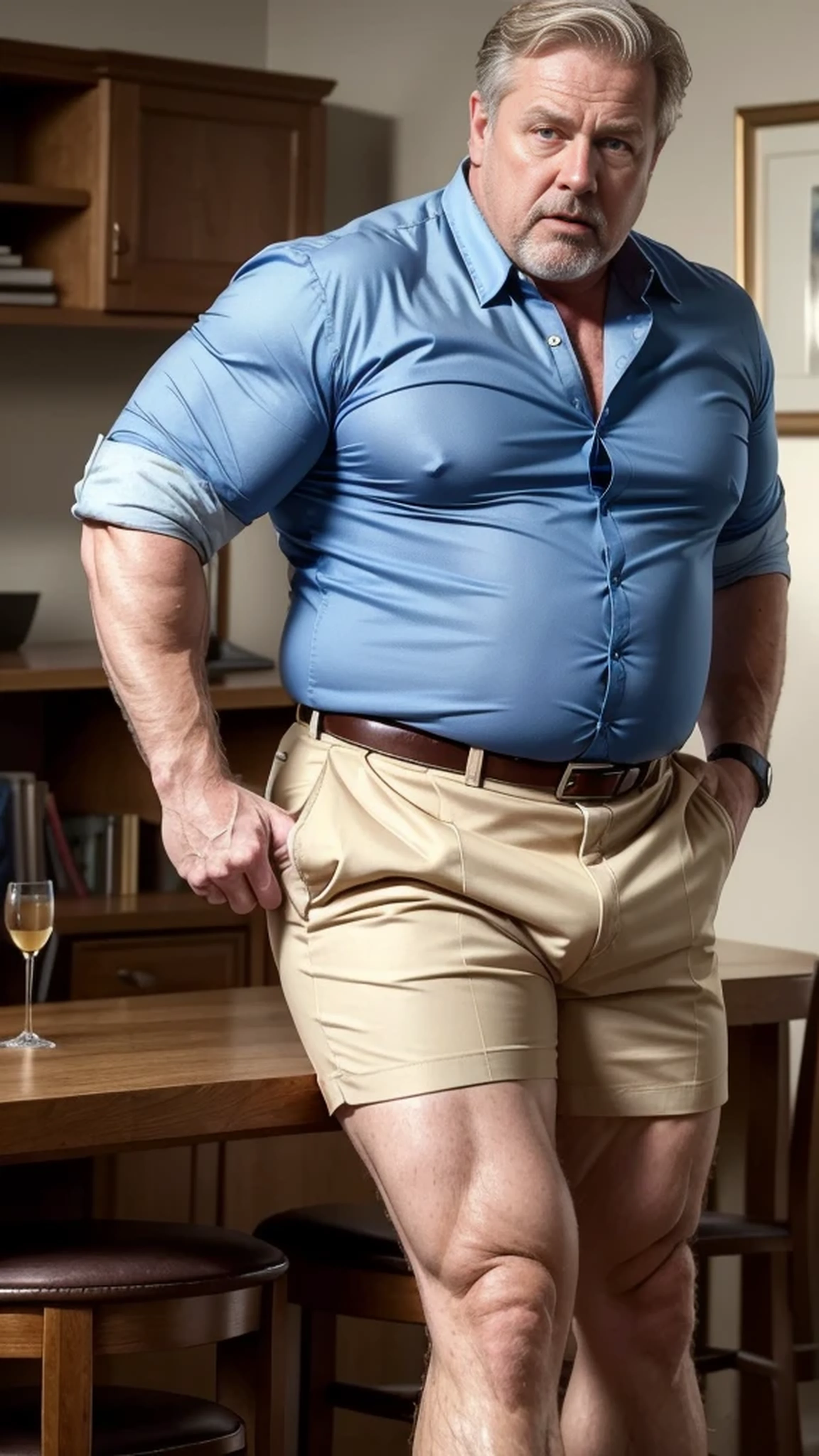 (best quality,4k,8k,highres,masterpiece:1.2), age 60, white man detective , horny disgusting, muscular chubby, kind, open blue shirt , mature daddy, Dress Pants with big hard bulge, hairy chest hard nipple, belt, loafer,