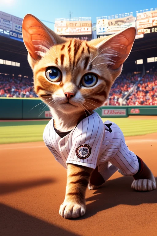 (Highest quality、masterpiece、8K))、Anatomically correct、Very detailed、High resolution、Realistic、((Beautiful, bright, almond-shaped, detailed eyes))、Intricate details、Cinematic lighting、((Dynamic composition))、Cute kitten、baseball player、Uniforms that are too big、Batter、preview home run、bat